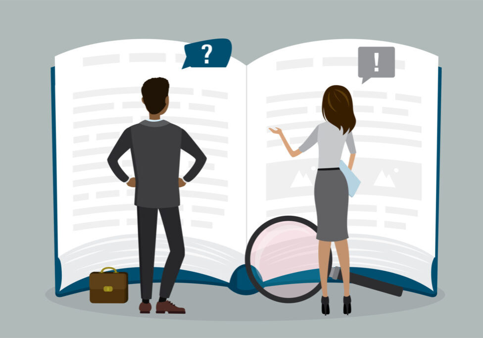 Two business people or employees reads open guide book or user manual. Finding answers, solving problems, FAQ concept. Teamwork, brainstorming. Office managers need help. Flat vector illustration