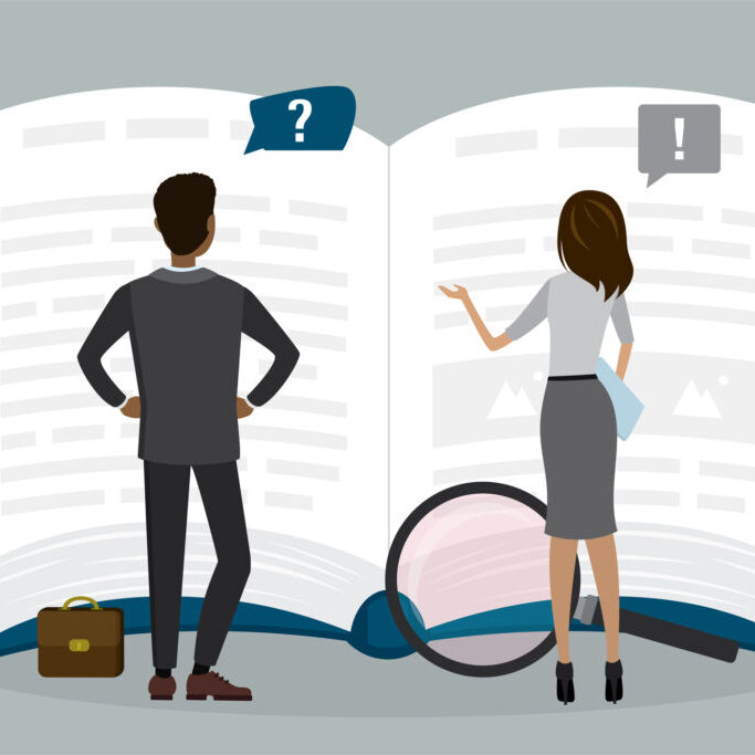 Two business people or employees reads open guide book or user manual. Finding answers, solving problems, FAQ concept. Teamwork, brainstorming. Office managers need help. Flat vector illustration